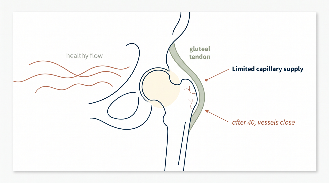 Schematic — the gluteal tendon sits at the edge of its blood supply, and that supply thins with age.